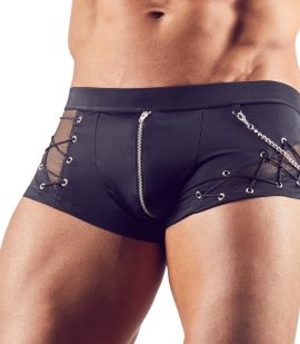Calças masculinas com rede e atacadores pretas com corrente decorativa