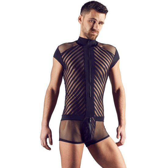 Playsuit masculino com fecho frontal e detalhes em rede preta