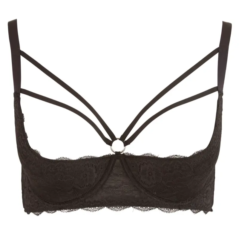 Soutien aberto preto em renda floral com aros, ligeiro acolchoamento e detalhe de tiras e argola no decote, isolado em fundo neutro. (Soutien Aberto Rita Copa 85D a 95F)