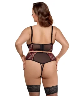 Vista traseira do conjunto Cottelli Sara em tamanhos grandes. A foto mostra o fecho de gancho ajustável nas costas, os detalhes em renda floral e o caimento da tanga com suspensórios removíveis.