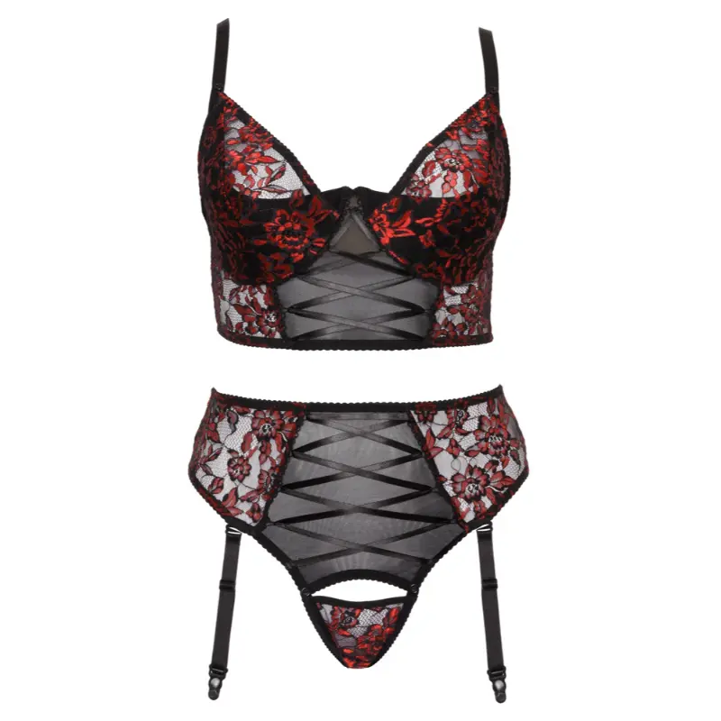Vista frontal do Conjunto Cottelli Sara estendido numa superfície plana, sem modelo. A imagem exibe o sutiã longline com copas de renda desabotoáveis e aros, o laço de cetim, a tanga a condizer e os suspensórios frontais ajustáveis e removíveis.