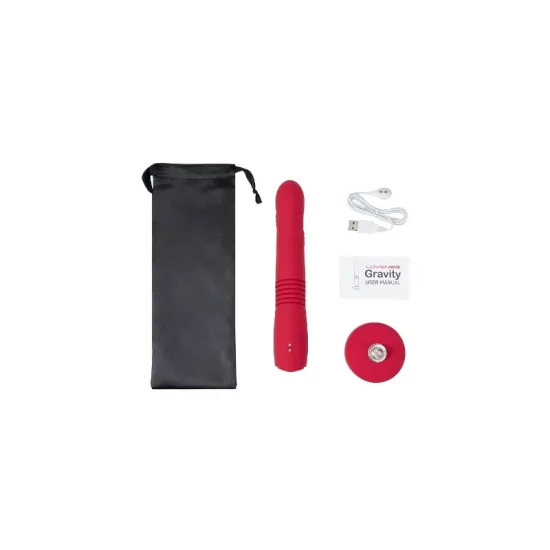 Conteúdo completo da caixa do vibrador Lovense Gravity incluindo o aparelho, cabo de carregamento magnético e bolsa de transporte