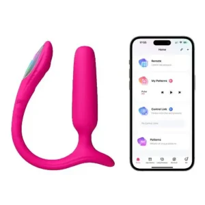 Lovense Lush Anal plug vibratório ao lado de um smartphone com a aplicação Lovense Connect aberta e visível