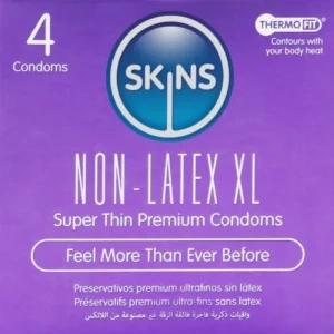Embalagem de 8 unidades de Preservativos SKINS Sem Látex XL, ultrafinos e transparentes, sobre fundo neutro.