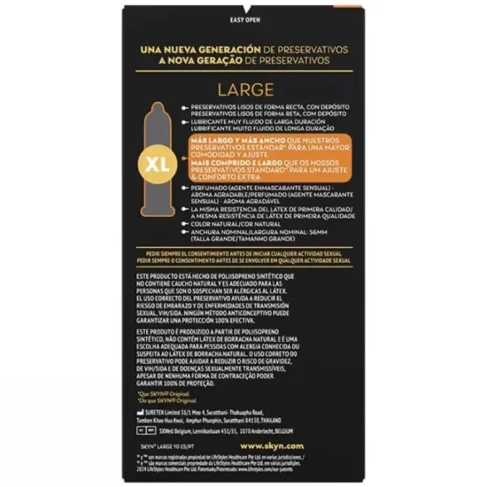 Verso da embalagem dos preservativos sem látex SKYN Large com caraterísticas e informações
