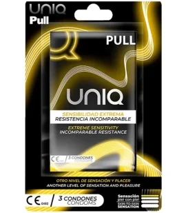 Embalagem frontal dos preservativos sem látex Uniq Pull com sistema de tiras