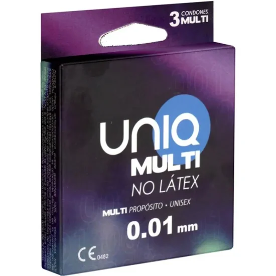 Embalagem de 3 preservativos sem látex UNIQ Multi ultrafinos de 0,008 mm