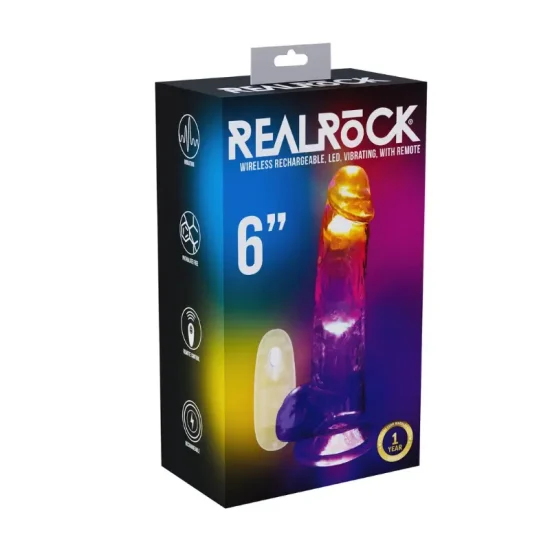 Caixa de embalagem do dildo vibratório RealRock LED com as informações do produto visíveis