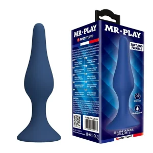 Plug Anal Slim em Silicone azul ao lado da respetiva caixa da marca MR PLAY