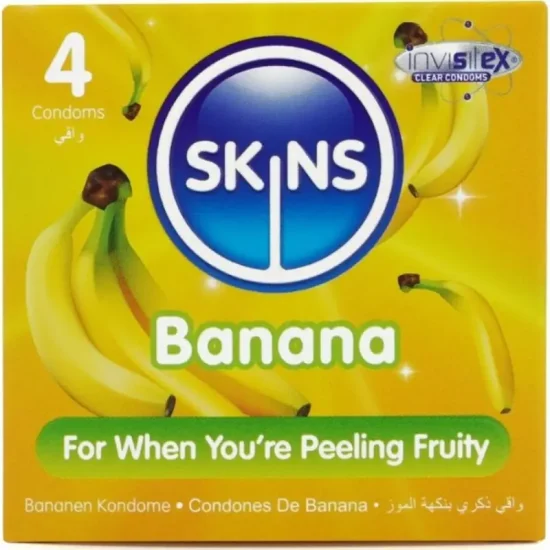 Caixa frontal dos preservativos Skins Banana Premium com 4 unidades, destacando o sabor e o design moderno.