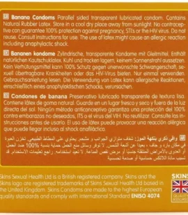 Parte traseira da embalagem dos preservativos Skins Banana com informações técnicas, instruções de uso e características do látex.