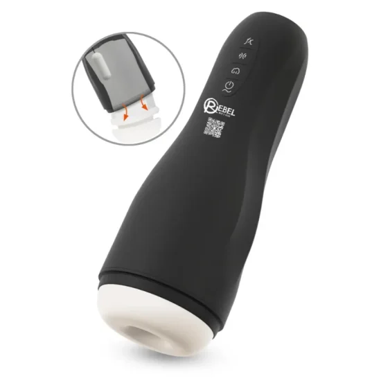 Rebel Smart Masturbator em pé, exibindo o seu design ergonómico moderno e painel de controlo integrado.