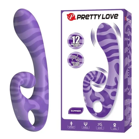 Vibrador duplo com asa Summer da Pretty Love colocado ao lado da respetiva caixa de embalamento original.