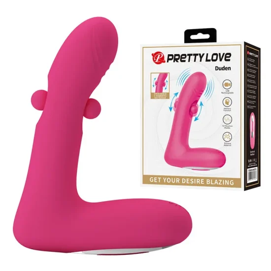 Vibrador de silicone Duden da Pretty Love em cor-de-rosa ao lado da respetiva caixa de apresentação.